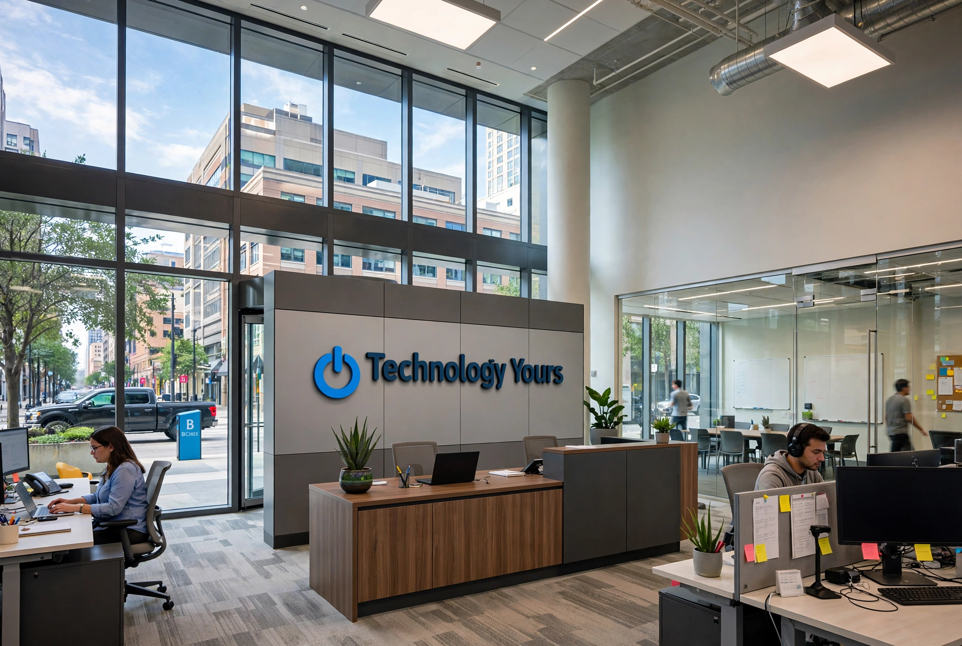 Technology Yours office reception, glass-walled workspace with team members collaborating